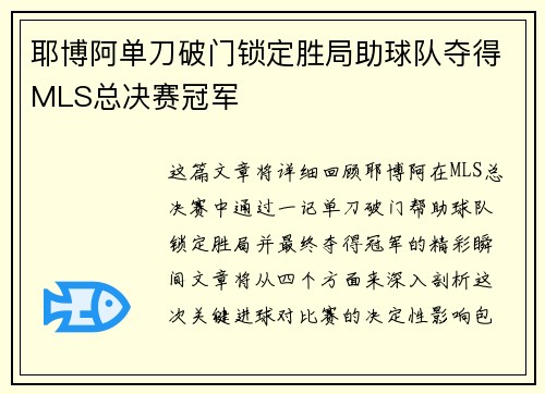 耶博阿单刀破门锁定胜局助球队夺得MLS总决赛冠军